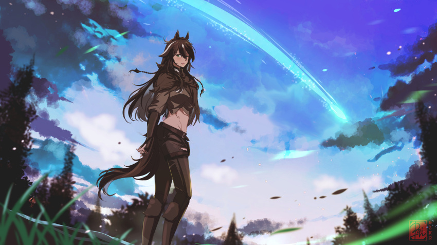1girl :d absurdres animal_ears arknights arm_guards bangs belt boots breasts brown_footwear brown_gloves brown_hair crop_top denim english_commentary ezraqi from_side gloves green_eyes grey_pants hair_between_eyes highres horse_ears horse_girl horse_tail jeans knee_boots long_hair looking_at_viewer looking_to_the_side medium_breasts meteor meteor_(arknights) midriff multicolored_hair navel one_eye_closed open_mouth outdoors pants ponytail pouch sidelocks sky smile solo streaked_hair tail thigh_strap torn_clothes torn_pants very_long_hair watermark white_hair