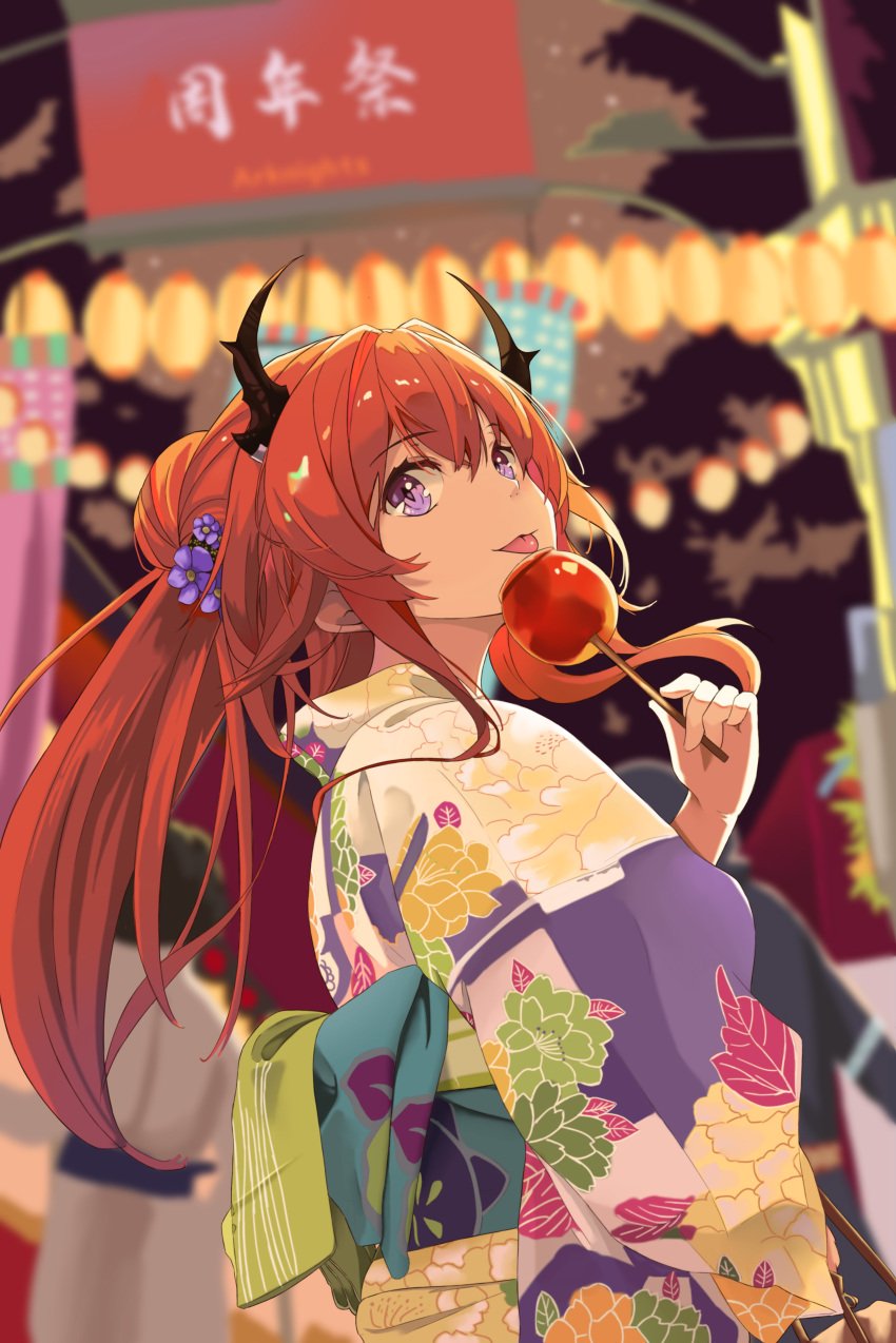 1girl :p absurdres alternate_costume arknights auguste bangs candy_apple chinese_commentary commentary_request eyebrows_visible_through_hair food hair_between_eyes hand_up head_tilt highres holding holding_food horns japanese_clothes kimono long_hair long_sleeves looking_at_viewer redhead surtr_(arknights) tongue tongue_out upper_body violet_eyes