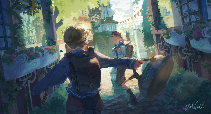 2boys artist_name backpack bag brown_footwear building child flower_box from_behind handbag highres long_sleeves male_focus multiple_boys original outdoors outstretched_arms randoseru running scenery shigre short_hair shorts sign smile stairs string_of_flags tree