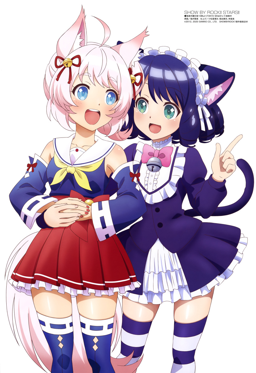 2girls absurdres animal_ears bare_shoulders blue_hair blue_legwear cat_ears cyan_(show_by_rock!!) finger_gun highres howan_(show_by_rock!!) multiple_girls pink_hair show_by_rock!! simple_background striped striped_legwear tail thigh-highs white_background yuri