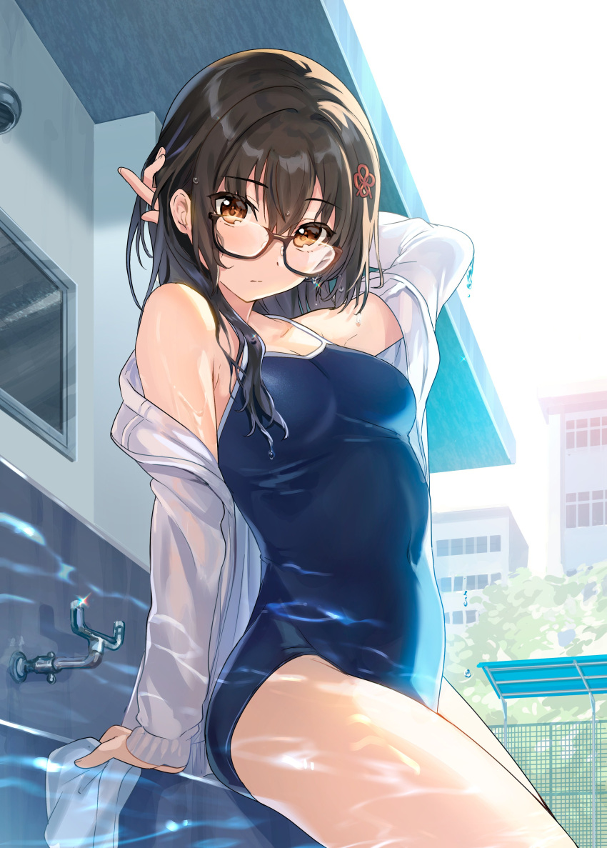 1girl absurdres armpit_crease bangs blue_swimsuit brown_eyes brown_hair building competition_school_swimsuit covered_navel eyebrows_visible_through_hair from_below from_side glasses hair_ornament hand_in_hair highres jacket long_hair looking_at_viewer off_shoulder one-piece_swimsuit open_clothes open_jacket original outdoors partially_submerged school_swimsuit second-party_source sitting solo swimsuit tan_(tangent) wet wet_hair white_jacket