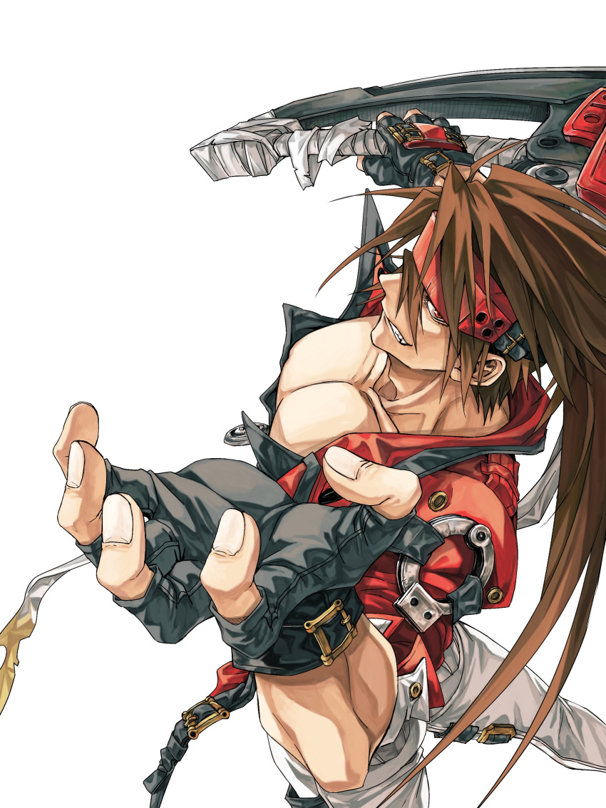 1boy absurdres belt brown_hair collarbone denim dong_hole fingerless_gloves gloves guilty_gear guilty_gear_strive hair_between_eyes highres holding holding_weapon jacket jeans long_hair male_focus multiple_belts pants red_eyes red_jacket simple_background smile sol_badguy solo teeth weapon white_background