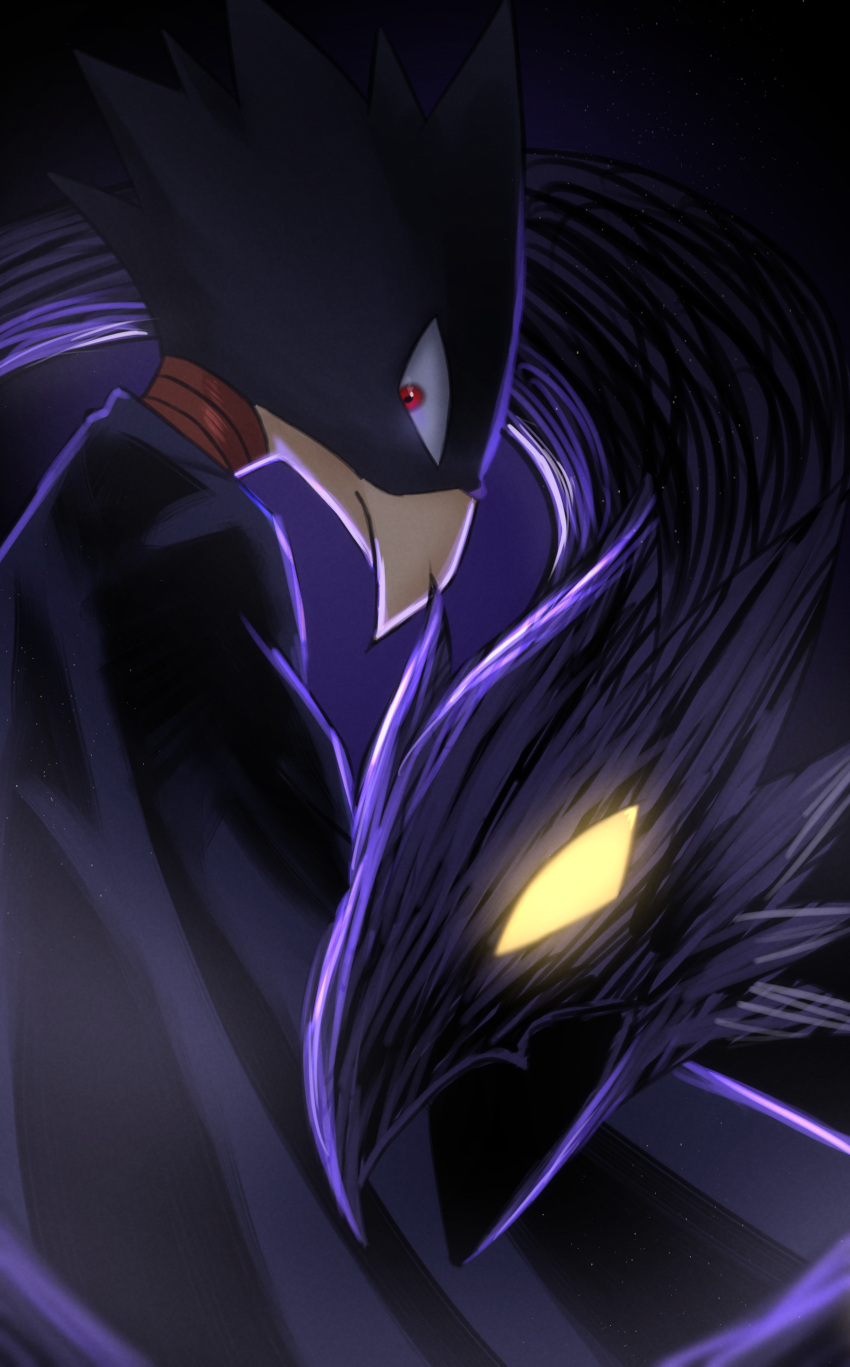 1boy absurdres animal_head bird_boy black_cape boku_no_hero_academia cape creature dark_shadow fang glowing glowing_eyes gradient gradient_background highres hyakki_non looking_at_viewer male_focus open_mouth profile purple_background red_eyes serious skin_fang solo tokoyami_fumikage yellow_eyes