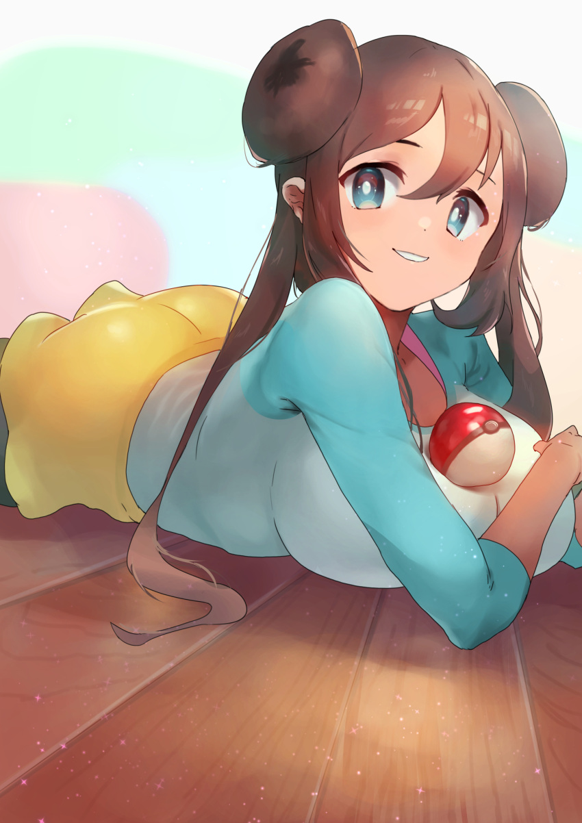 1girl black_legwear blue_eyes blush breasts brown_hair double_bun doughnut_hair_bun highres jyu_gorilla large_breasts legwear_under_shorts long_hair looking_at_viewer lying pantyhose poke_ball pokemon pokemon_(game) pokemon_bw2 raglan_sleeves rosa_(pokemon) short_shorts shorts smile solo twintails very_long_hair yellow_shorts