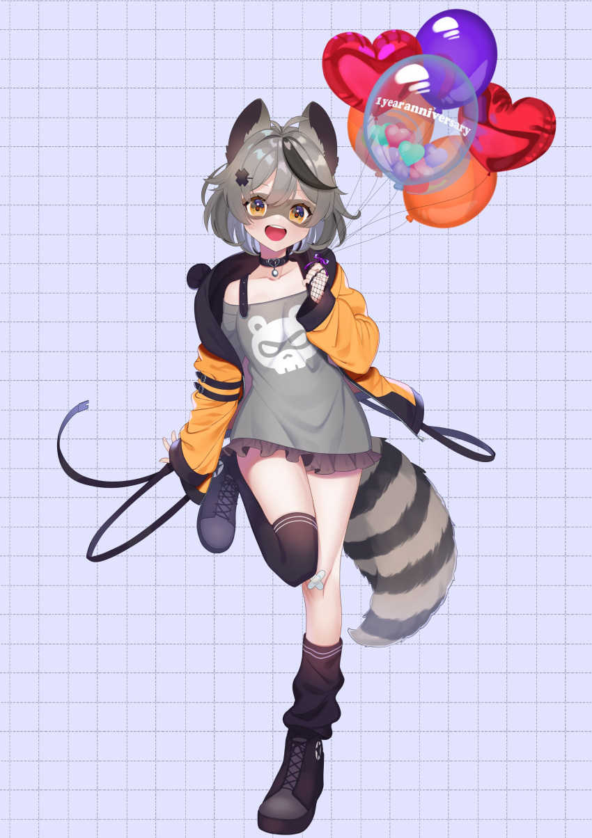 1girl 786(nayam) absurdres animal_ears anniversary balloon black_choker choker collarbone commission english_commentary grey_hair grey_shirt highres holding holding_balloon hood hoodie indie_virtual_youtuber off-shoulder_shirt off_shoulder open_hand open_mouth orange_hoodie raccoon_ears raccoon_girl raccoon_tail second-party_source shirt short_hair single_thighhigh skeb_commission smile snuffy_(vtuber) solo tail thigh-highs virtual_youtuber