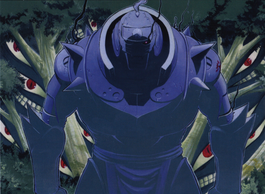 1boy absurdres alphonse_elric apron arakawa_hiromu armor arms_at_sides branch bush clenched_teeth creature darkness evil_grin evil_smile eyes fighting_stance flamel_symbol forest full_armor fullmetal_alchemist glowing glowing_eye grey_outline grin helmet highres looking_at_viewer male_focus nature outline possessed pride_(fma) red_eyes scrape shadow shoulder_spikes shoulder_tattoo slit_pupils smile spiked_helmet spikes tattoo teeth tree tree_branch white_apron