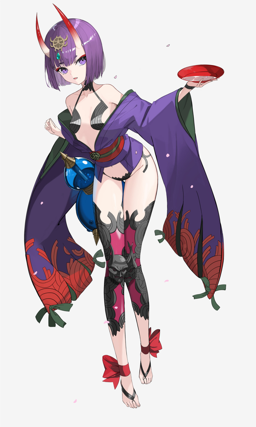 1girl absurdres alcohol bangs bare_shoulders bob_cut breasts collarbone cup eyeliner fate/grand_order fate_(series) full_body gourd headpiece highres horns japanese_clothes kimono long_sleeves looking_at_viewer makeup obi off_shoulder oni oni_horns open_mouth purple_hair purple_kimono revealing_clothes rikui_(rella2930) sakazuki sake sash short_hair shuten_douji_(fate) skin-covered_horns small_breasts violet_eyes wide_sleeves