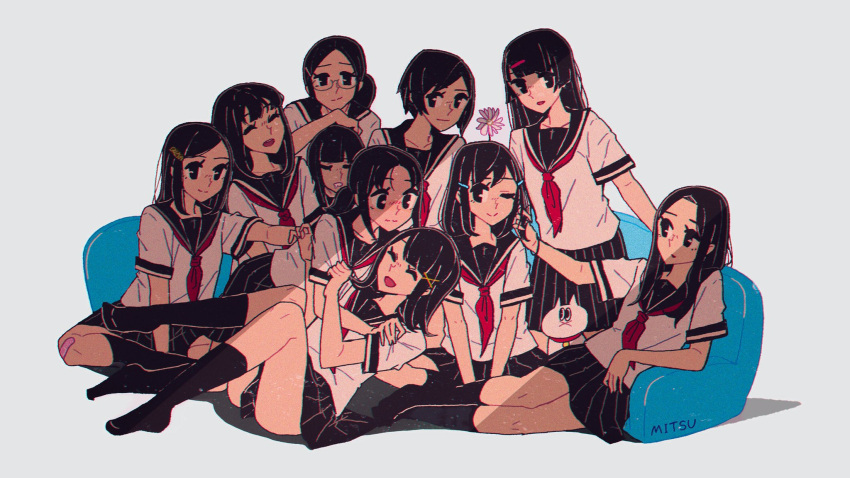 6+girls :&gt; :x ;&gt; ;) ^_^ arm_support awakumo bandaid bandaid_on_knee bangs black_eyes black_hair black_legwear black_skirt blunt_bangs blush bob_cut cat chromatic_aberration closed_eyes closed_mouth commentary_request couch disconnected_mouth facing_viewer floor_couch flower glasses hair_ornament hairclip hand_on_another's_head highres hime_cut holding_another's_hair hug indian_style kneehighs kneeling long_hair looking_at_another looking_at_viewer medium_hair mouth_drool multiple_girls neckerchief no_shoes nose_blush on_couch one_eye_closed open_mouth original parted_bangs parted_lips pink_bandaid pleated_skirt ponytail reaching reclining red_neckwear sailor_collar school_uniform serafuku short_hair short_sleeves sideways_glance sitting skirt sleeping smile swept_bangs v_arms wavy_mouth white_cat wristband x_hair_ornament |d