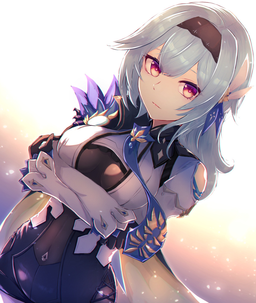 1girl backlighting bangs black_gloves black_hairband black_leotard blue_cape blue_hair blue_neckwear blush breasts cape commentary_request crossed_arms eula_(genshin_impact) genshin_impact gloves hair_ornament hairband highres large_breasts leotard long_sleeves looking_at_viewer medium_hair necktie reizouko revision sidelocks solo thigh-highs violet_eyes