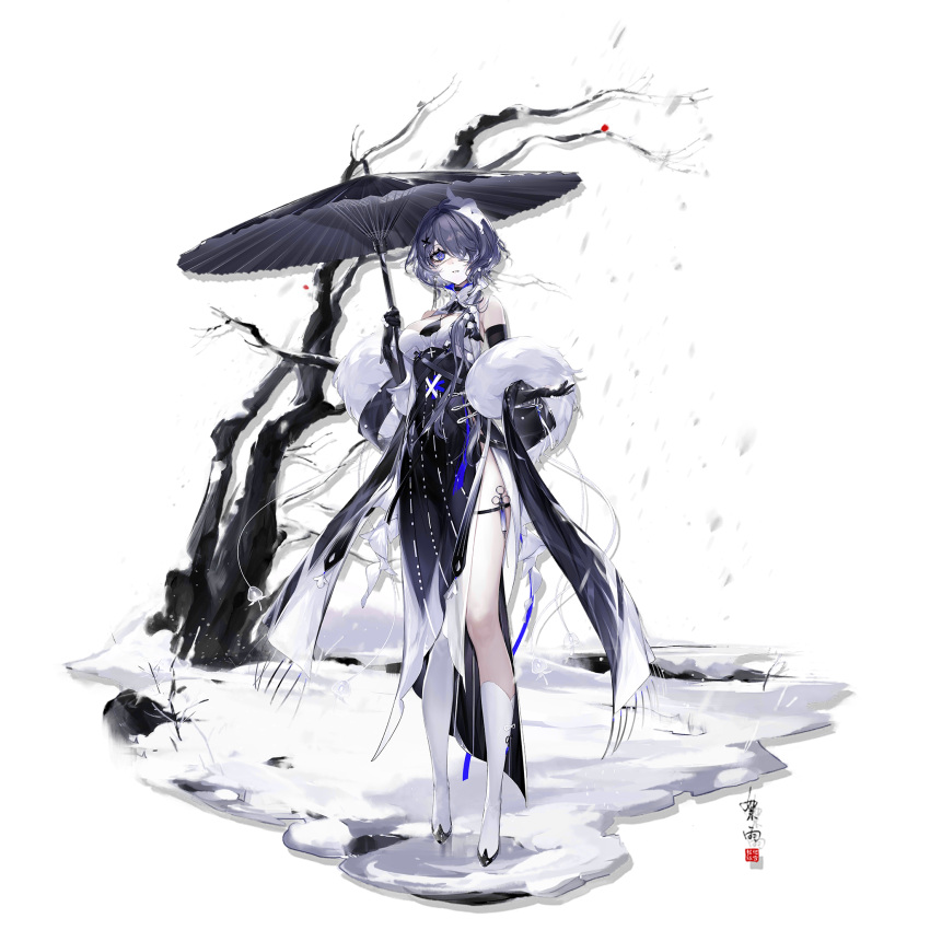 1girl arknights bangs bare_shoulders black_dress black_gloves black_umbrella blue_eyes blue_hair boots chuzenji dress feather_boa full_body gloves hair_over_one_eye highres holding holding_umbrella looking_at_viewer official_alternate_costume oil-paper_umbrella short_hair snow solo standing thigh_strap transparent_background umbrella whisperain_(arknights) whisperain_(tremble_cold)_(arknights) white_footwear