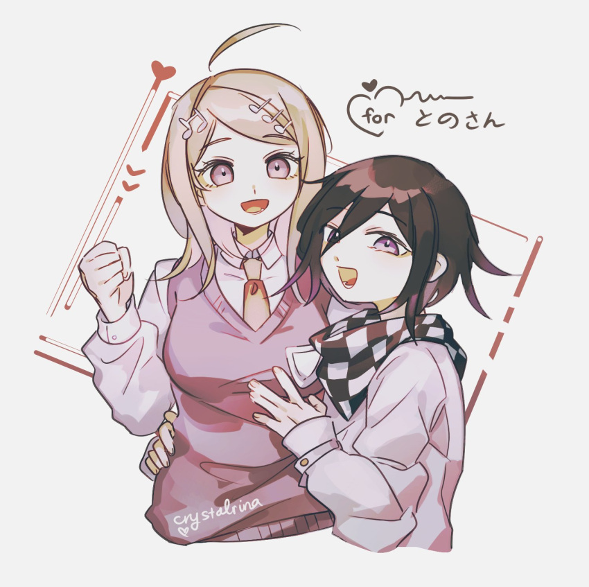 1boy 1girl :d ahoge akamatsu_kaede bangs black_hair blonde_hair breasts checkered checkered_scarf clenched_hand collared_shirt commentary dangan_ronpa_(series) dangan_ronpa_v3:_killing_harmony eighth_note grey_jacket hair_ornament hand_up heart height_difference highres hug jacket large_breasts long_hair long_sleeves looking_at_viewer lower_teeth musical_note musical_note_hair_ornament necktie open_mouth orange_neckwear ouma_kokichi pale_skin pink_vest rina_(crystalrina) scarf school_uniform shirt smile sweater_vest translation_request upper_body vest violet_eyes white_shirt