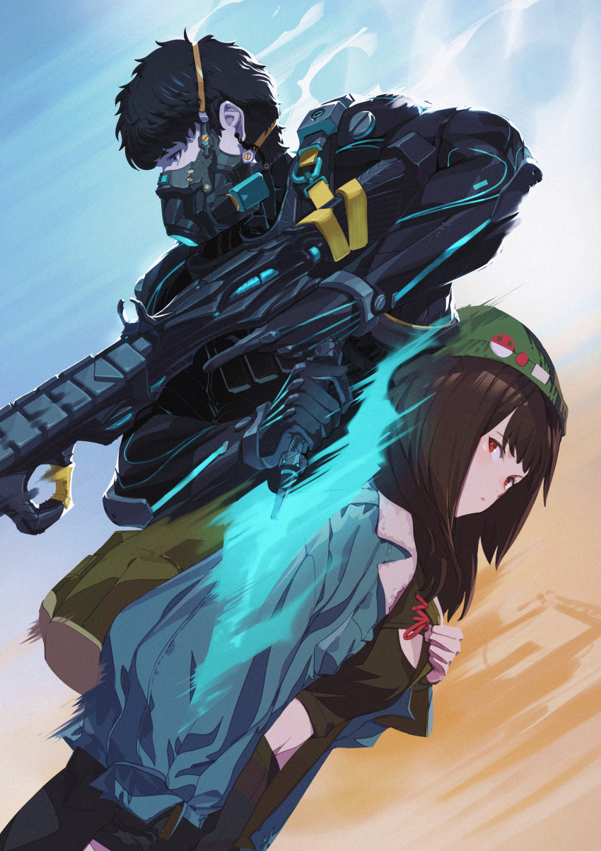 1boy 1girl absurdres bangs beanie black_hair blue_eyes blue_jacket brown_hair cover cover_page denim denim_jacket green_headwear hair_behind_ear hat highres jacket jin_rou looking_to_the_side mask mouth_mask na_hollo_angon-gan novel_cover official_art power_armor red_eyes science_fiction trigger_discipline