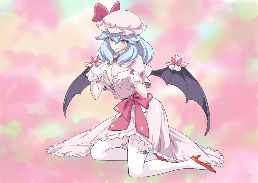 alternate_hair_length alternate_hairstyle bat_wings blue_hair bow breasts brooch dress flower frilled_shirt frilled_shirt_collar frilled_sleeves frills gloves hat hat_ribbon highres jewelry kneehighs large_breasts medium_hair mob_cap older open_clothes open_shirt pink_dress puffy_short_sleeves puffy_sleeves red_bow red_eyes red_ribbon remilia_scarlet ribbon ribbon_trim rose sash sexually_suggestive shirt short_sleeves siblings sisters touhou upskirt waist_bow wbqezdkfahsfcrb wings