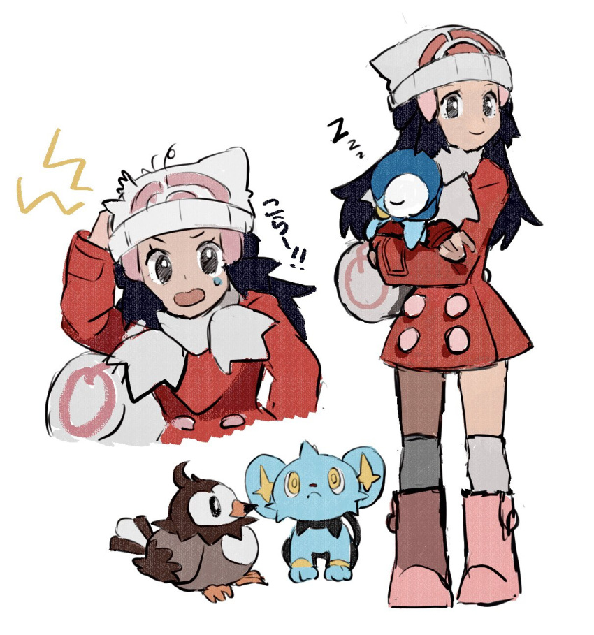 1girl bag beanie black_hair boots closed_mouth coat commentary_request creature crossed_arms hikari_(pokemon) duffel_bag eyelashes gen_4_pokemon grey_eyes hair_ornament hairclip hat highres holding holding_pokemon long_hair long_sleeves looking_at_viewer looking_to_the_side multiple_views open_mouth over-kneehighs pink_footwear piplup pokemon pokemon_(creature) pokemon_(game) pokemon_dppt pokemon_platinum red_coat scarf shichibee_(stm_mimi) shinx simple_background sleeping smile standing starly starter_pokemon sweatdrop thigh-highs white_background white_bag white_headwear white_legwear white_scarf zzz