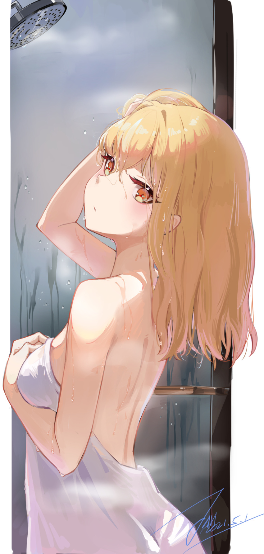 1girl absurdres arm_up bangs bare_arms bare_shoulders blonde_hair breasts brown_eyes commentary_request covering from_side hand_up highres janload1ng long_hair looking_at_viewer medium_breasts naked_towel original shower_(place) shower_head showering signature solo towel upper_body water wet