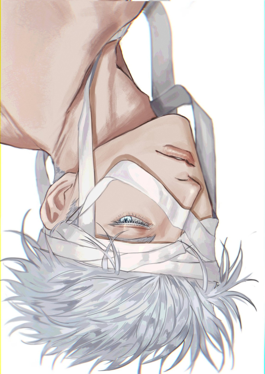 1boy bandages bare_shoulders blue_eyes eyelashes gojou_satoru highres jujutsu_kaisen looking_to_the_side male_focus ndsoda solo spiky_hair topless_male upside-down white_background white_hair