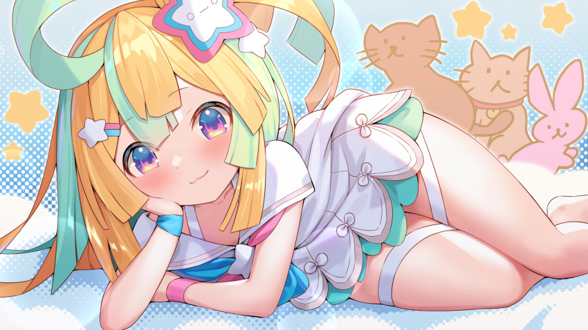 1girl absurdres ahoge amakawa_hano aqua_hair barefoot bettle_(b_s_a_n) blonde_hair blue_eyes blush cat hair_between_eyes hair_ornament hairclip hand_on_own_cheek hand_on_own_face highres huge_filesize long_hair looking_at_viewer lying multicolored_hair on_side rabbit re:act skirt smile solo star_(symbol) star_hair_ornament thigh_strap two-tone_hair virtual_youtuber white_skirt wristband