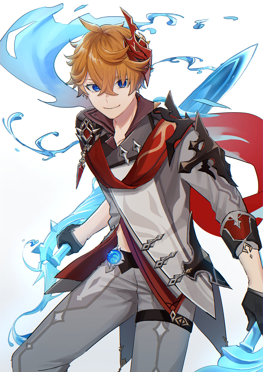 1boy absurdres bangs black_gloves blue_eyes closed_mouth collarbone collared_jacket commentary_request eyebrows_visible_through_hair genshin_impact gloves hair_between_eyes highres holding holding_sword holding_weapon huge_filesize jacket jewelry liquid_weapon mabi_(vuwn2437) male_focus mask mask_on_head midriff_peek orange_hair scarf short_hair simple_background single_earring sword tartaglia_(genshin_impact) vision_(genshin_impact) water weapon white_background