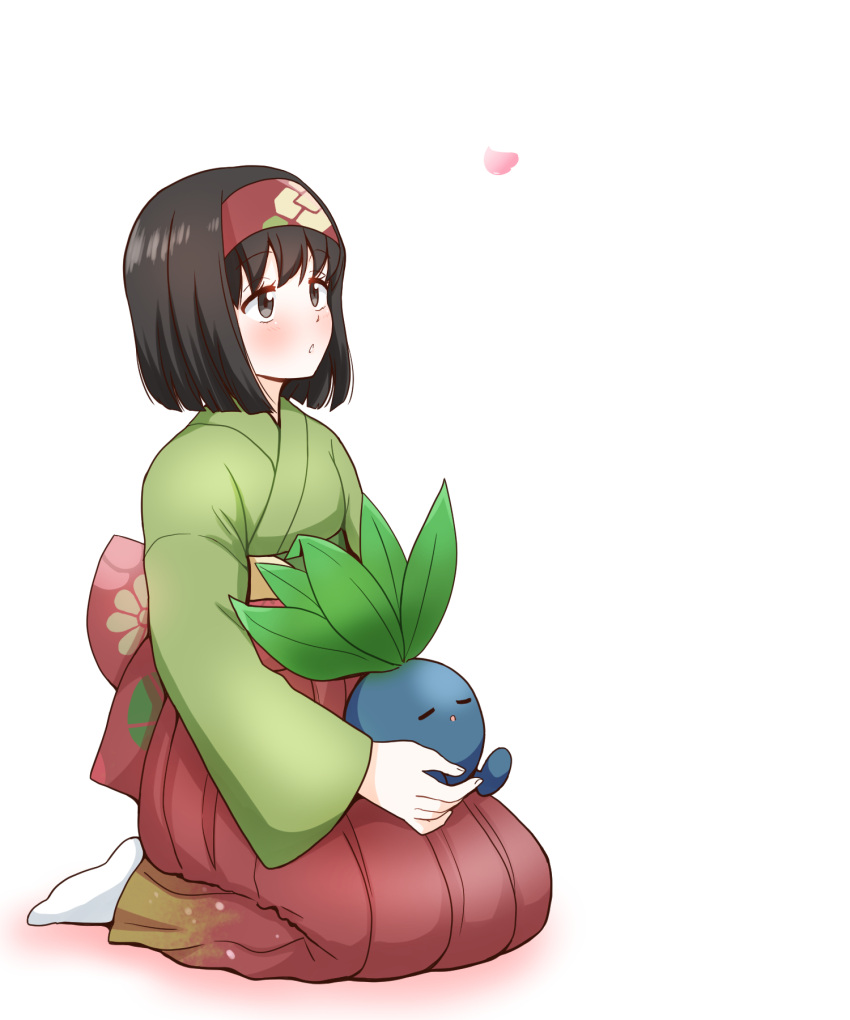 1girl bangs blush brown_hair commentary_request erika_(pokemon) eyebrows_visible_through_hair eyelashes gen_1_pokemon grey_eyes gym_leader hairband highres holding holding_pokemon noto-kanna oddish parted_lips petals pleated_skirt pokemon pokemon_(creature) pokemon_(game) pokemon_lgpe print_hairband red_hairband red_skirt sitting skirt socks white_background white_legwear