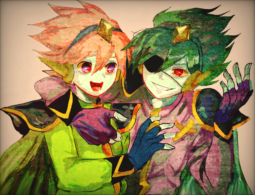 2boys aqua_headband black_gloves cape captain_spaceboy colored_skin dual_persona elbow_on_another's_shoulder eyepatch gem_(symbol) gloves green_hair green_shirt green_skin grin hair_between_eyes highres long_sleeves multiple_boys omori one_eye_covered open_mouth partially_fingerless_gloves pink_shirt red_eyes redhead shirt smile sweatdrop user_sama3827