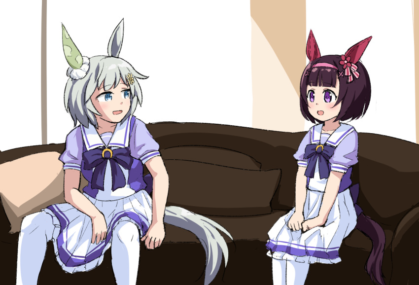 2girls animal_ears bangs blue_eyes blush bow brown_hair commentary_request couch feet_out_of_frame flower grey_hair hair_flower hair_ornament hairband horse_ears horse_girl horse_tail looking_at_another manatsu_no_yo_no_inmu multiple_girls nishino_flower_(umamusume) open_mouth purple_bow purple_shirt red_flower school_uniform seiun_sky_(umamusume) shirt short_hair sitting skirt tail tenten_(nicoseiga18696142) thigh-highs tracen_school_uniform umamusume violet_eyes white_legwear white_skirt x_hair_ornament yellow_flower