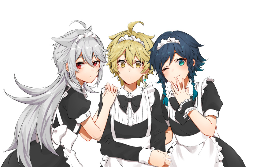 3boys absurdres aether_(genshin_impact) ahoge apron aqua_hair black_dress black_neckwear blonde_hair blue_hair bow bowtie braid commentary crossdressinging dress eyebrows_visible_through_hair frilled_apron frills genshin_impact gradient_hair green_eyes grey_hair hand_up hands_on_another's_shoulder highres jewelry long_hair maid maid_headdress multicolored_hair multiple_boys one_eye_closed razor_(genshin_impact) red_eyes serious simple_background single_earring surprised tutimaru0730 twin_braids venti_(genshin_impact) white_apron white_background wrist_cuffs yellow_eyes