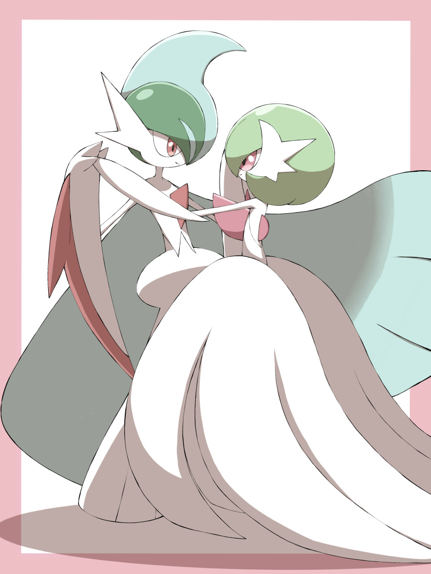 absurdres border closed_mouth colored_skin commentary_request dancing eye_contact gallade gardevoir gen_3_pokemon gen_4_pokemon highres holding_hands looking_at_another mega_gallade mega_gardevoir mega_pokemon pink_border pokemon pokemon_(creature) shabana_may smile standing white_background white_skin