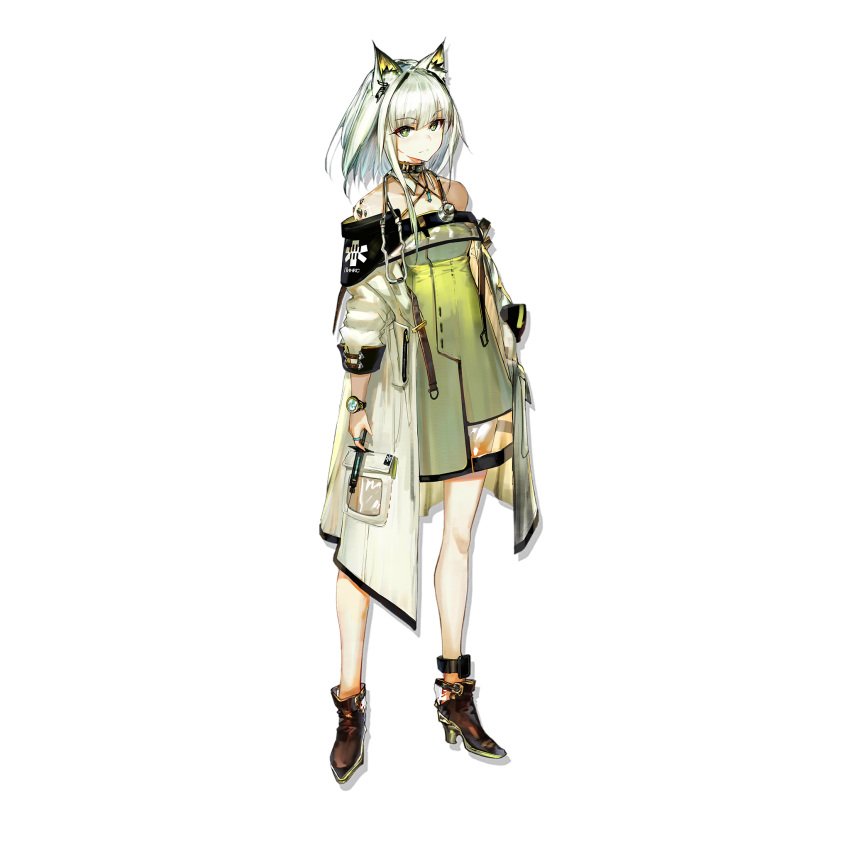 1girl animal_ear_fluff animal_ears arknights bangs bare_shoulders closed_mouth detached_collar dress eyebrows_visible_through_hair full_body green_dress green_eyes green_hair high_heels highres jacket jewelry kal'tsit_(arknights) long_sleeves looking_at_viewer lynx_ears off-shoulder_dress off_shoulder official_art oripathy_lesion_(arknights) short_hair solo standing stethoscope syringe transparent_background watch watch white_hair yui_(niikyouzou)