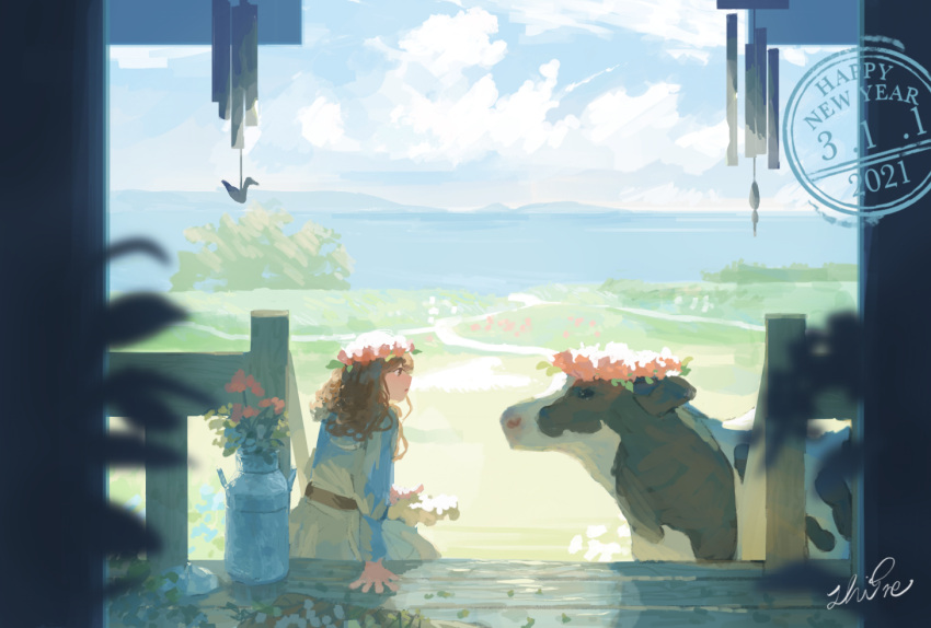 1girl brown_hair clouds cow dated day dress eye_contact happy_new_year head_wreath looking_at_animal looking_at_another new_year original outdoors porch scenery shigre solo vase wind_chime