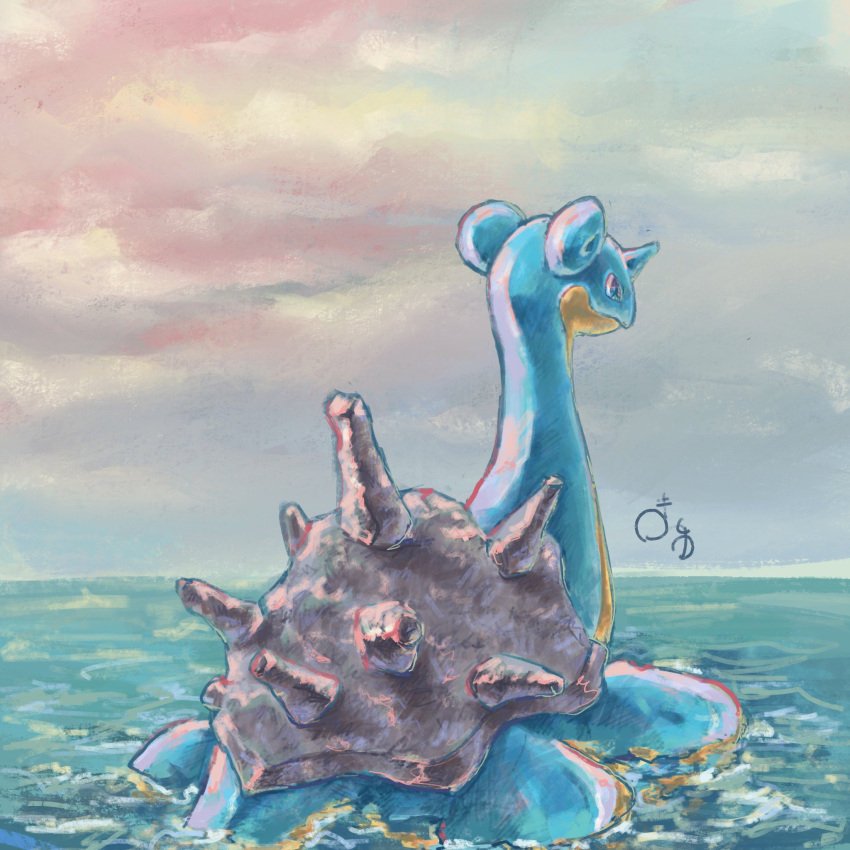 afloat blue_eyes closed_mouth clouds commentary_request day gen_1_pokemon highres horns lapras masshu_(shu_123426) no_humans outdoors pokemon pokemon_(creature) single_horn sky smile water