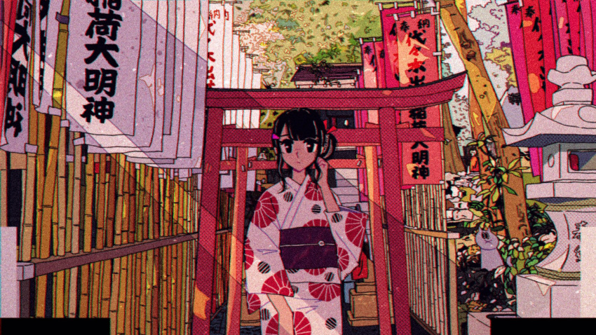 1girl :x adjusting_hair architecture awakumo bangs banner black_eyes black_hair blunt_bangs building cat chromatic_aberration closed_mouth commentary_request day east_asian_architecture film_grain hair_ornament hairclip hand_up highres japanese_clothes kimono ligne_claire looking_at_viewer nobori obi original outdoors print_kimono purple_sash sash solo standing stone_lantern straight-on torii translation_request tree white_cat wide_sleeves yukata