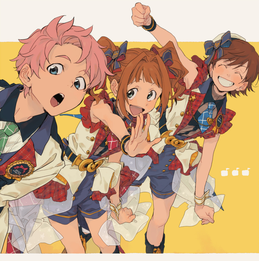 1boy 2girls :o ^_^ bangs blue_eyes blue_shorts brown_hair character_request clenched_hand closed_eyes eyebrows_visible_through_hair flat_chest formal hair_behind_ear high-waist_shorts highres honda_mio idol idol_clothes idolmaster idolmaster_(classic) idolmaster_cinderella_girls idolmaster_side-m looking_at_viewer looking_down multiple_girls open_hand pink_hair shorts smile suit symbol_commentary syouyumochi33 takatsuki_yayoi twintails wrist_cuffs