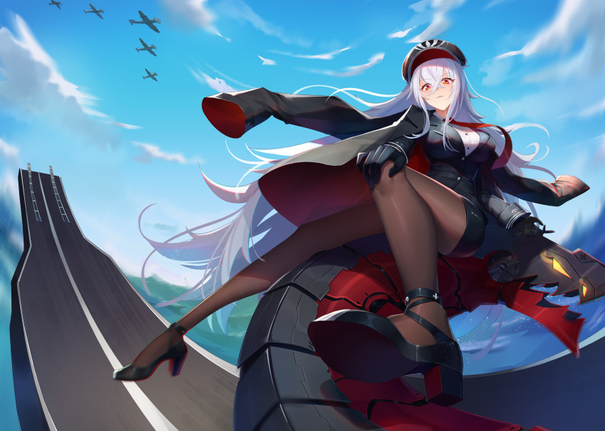 1girl absurdres aircraft aircraft_carrier aircraft_catapult airplane alternate_costume ar_(3779609928) azur_lane bangs black_gloves breasts business_suit clouds cloudy_sky eyebrows_visible_through_hair formal gloves graf_zeppelin_(azur_lane) hair_between_eyes hat high_heels highres jacket jacket_on_shoulders large_breasts long_hair messy_hair military military_hat military_vehicle necktie pantyhose pencil_skirt red_eyes ship silver_hair skirt sky solo suit very_long_hair warship watercraft
