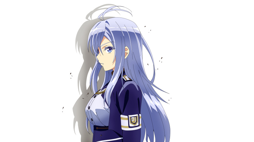 1girl 86_-eightysix- absurdres ahoge blue_eyes blue_jacket breasts from_side hair_behind_ear highres jacket kiuu long_hair military military_uniform parted_lips shadow silver_hair small_breasts solo uniform upper_body vladilena_millize white_background