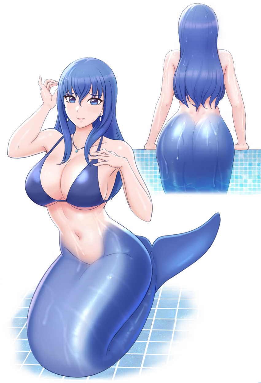 1girl absurdres ass bikini blue_bikini blue_eyes blue_hair breasts commentary earrings eyebrows_visible_through_hair from_behind highres jewelry kiria_ai large_breasts mermaid monster_girl navel necklace original pool simple_background smile solo swimsuit swimwear tiles wet white_background