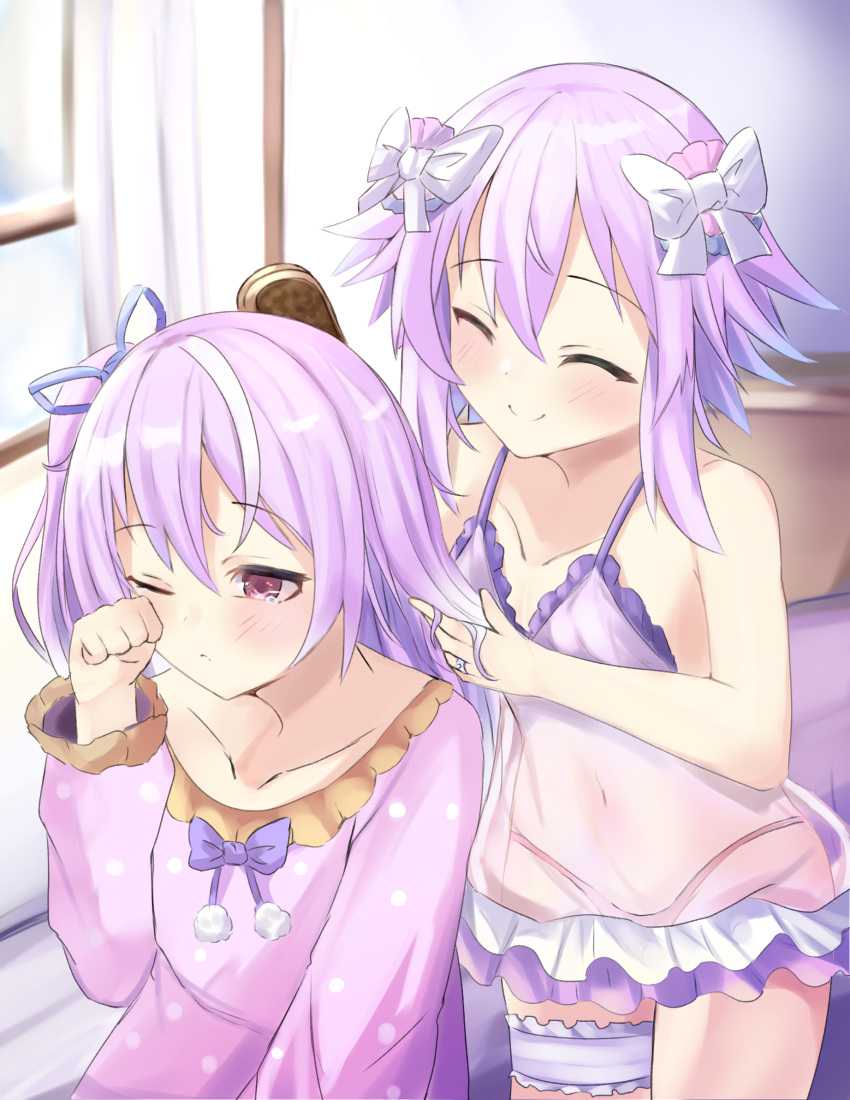 2girls bangs bare_arms bimmy blush bow camisole closed_eyes collarbone combing commission covered_navel eyebrows_visible_through_hair hair_between_eyes hair_bow highres holding holding_brush indoors long_hair looking_at_viewer multiple_girls neptune_(neptune_series) neptune_(series) one_eye_closed one_side_up original pajamas purple_camisole purple_hair rubbing_eyes short_hair sidelocks sitting smile thigh_strap violet_eyes window