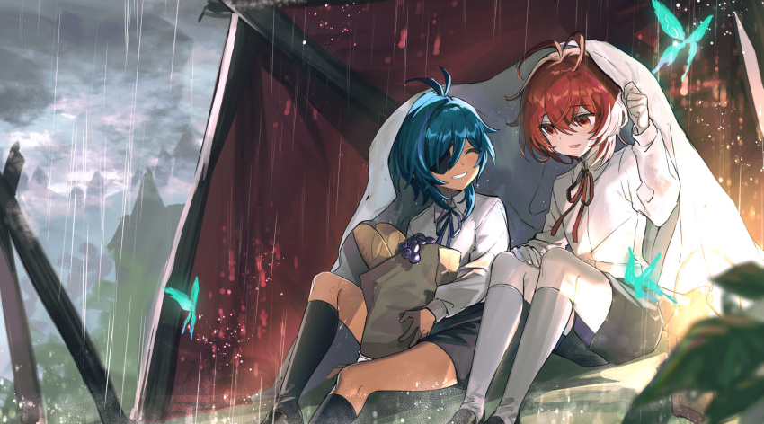 2girls bag bangs black_legwear black_shorts blue_hair blurry blurry_background blurry_foreground bread bug butterfly child closed_eyes collared_shirt dark_skin dark_skinned_male diluc_ragnvindr eyebrows_visible_through_hair eyepatch food fruit genshin_impact grapes grin hair_between_eyes hayama_eishi highres holding holding_bag insect kaeya_alberich leaf long_hair long_sleeves looking_at_another male_focus multiple_boys multiple_girls open_mouth outdoors paper_bag rain red_eyes redhead shirt shorts sitting smile socks symbol_commentary tent under_covers wet white_legwear white_shirt younger