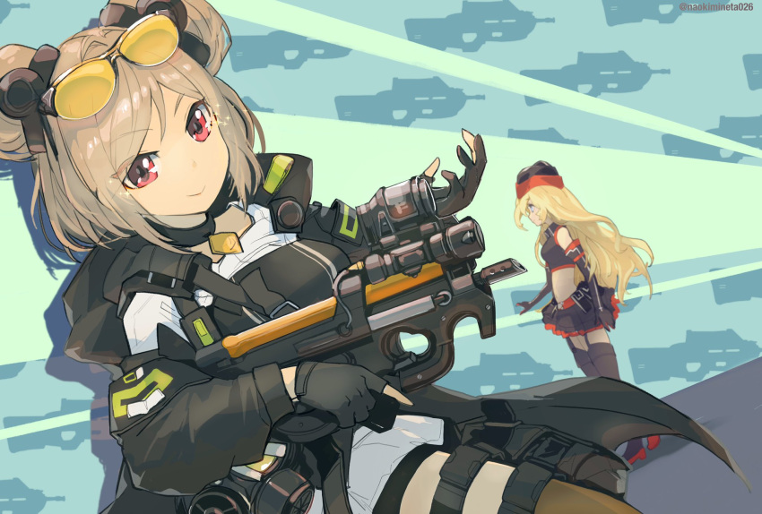 2girls blonde_hair blue_eyes breasts bullpup choker double_bun f2000_(girls_frontline) girls_frontline gun highres light_brown_hair long_hair medium_breasts mineta_naoki multiple_girls p90 p90_(girls_frontline) red_eyes solo_focus submachine_gun very_long_hair weapon