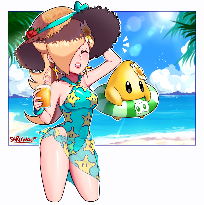 1girl 1other absurdres blonde_hair breasts casual_one-piece_swimsuit closed_eyes covered_navel cup earrings green_swimsuit hair_over_one_eye hat highres holding holding_cup jewelry long_hair luma_(mario) super_mario_bros. medium_breasts one-piece_swimsuit print_sarong print_swimsuit rosalina sarong sarukaiwolf star_(symbol) star_earrings star_print straw_hat sun_hat super_mario_galaxy swimsuit