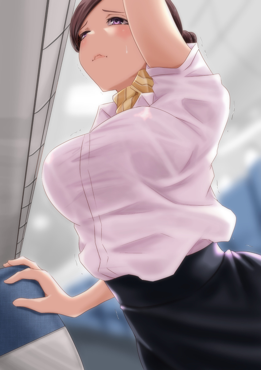 1girl absurdres aircraft airplane airplane_interior arm_up blurry blurry_background blush breasts brown_hair flight_attendant from_below hair_bun highres large_breasts looking_up moriton original pencil_skirt shirt skirt travel_attendant trembling violet_eyes white_shirt