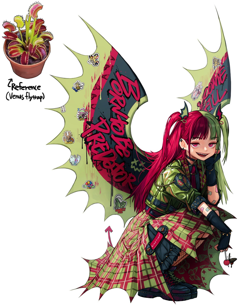 1girl bandaid bangs black_footwear black_gloves choker demon_tail earrings gloves graffiti green_hair hand_up highres jewelry looking_at_viewer multicolored_hair open_mouth original pink_eyes plaid plant redhead rinotuna shoes simple_background smile solo squatting tail two-tone_hair venus_flytrap white_background wings