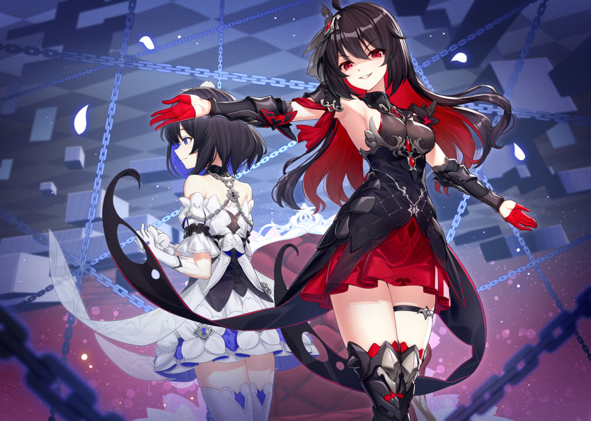2girls armpits bare_shoulders black_dress black_hair black_legwear blue_eyes breasts chain colored_inner_hair commentary_request detached_sleeves dress gauntlets gloves grin half_gloves honkai_(series) honkai_impact_3rd medium_breasts multicolored_hair multiple_girls outstretched_arms profile red_eyes red_gloves red_skirt ririko_(zhuoyandesailaer) seele_(alter_ego) seele_vollerei seele_vollerei_(starchasm_nyx) seele_vollerei_(stygian_nymph) shaded_face short_hair skirt sleeveless sleeveless_dress smile standing thigh-highs thigh_strap thighs v-shaped_eyebrows white_dress white_gloves white_legwear zettai_ryouiki
