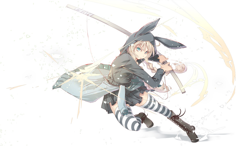 1girl animal_hood bangs blonde_hair blue_eyes boots braid clothes_around_waist highres holding holding_sword holding_weapon hood hood_up long_hair looking_at_viewer mouth_hold original satomi skirt solo striped striped_legwear sweater sweater_around_waist sword thigh-highs twin_braids weapon white_background