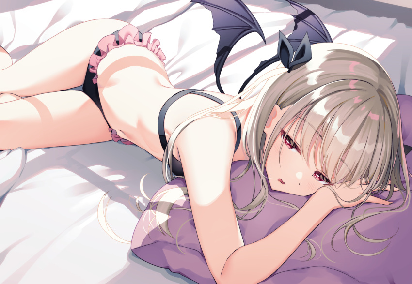 1girl black_bra black_panties black_ribbon blush bra breasts brown_hair commentary_request demon_wings feet_out_of_frame hair_ribbon half-closed_eyes long_hair looking_at_viewer muninshiki navel on_bed original panties pillow red_eyes ribbon small_breasts solo stomach underwear underwear_only wings
