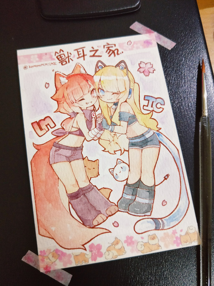 2girls :3 animal_ear_fluff animal_ears artist_name bandaged_arm bandages bandana bangs bare_shoulders belt black_footwear black_gloves black_legwear black_ribbon black_shirt black_shorts blonde_hair blue_eyes blunt_bangs boots cat cat_ear_headphones cat_ears cat_girl chinese_commentary chinese_text closed_mouth collar commentary_request crop_top dog dog_tail english_commentary fake_animal_ears fingerless_gloves flat_chest flower gloves gradient_hair hair_ribbon hands_up happy headphones highres holding_hands interlocked_fingers kneehighs leaning_forward legs_together linmiu_(smilemiku) long_hair looking_at_viewer midriff mixed-language_commentary multicolored_hair multiple_girls navel off-shoulder_shirt off_shoulder one_eye_closed original paintbrush partial_commentary paw_boots paw_print petals photo_(medium) pink_eyes pink_flower pink_hair ponytail red_eyes redhead ribbon shiba_inu shiny shiny_hair shirt short_shorts short_sleeves shorts sidelocks signature simple_background sleeveless sleeveless_shirt smile stomach symmetry tail tape tied_hair traditional_media translation_request twitter_username watercolor_(medium) white_background