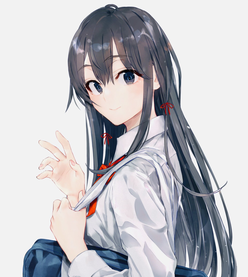 1girl bag bangs blue_eyes closed_mouth collared_shirt commentary_request eyebrows_visible_through_hair fingernails from_side grey_hair hair_between_eyes hair_ornament highres holding lips long_hair long_sleeves looking_at_viewer looking_to_the_side ponkan_8 red_neckwear shirt sidelocks simple_background smile solo symbol_commentary upper_body white_background white_shirt yahari_ore_no_seishun_lovecome_wa_machigatteiru. yukinoshita_yukino