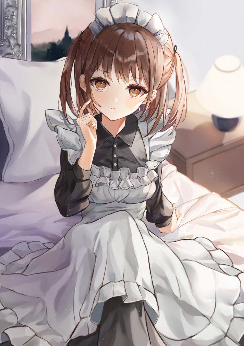1girl absurdres apron bedroom blush breasts brown_eyes brown_hair eyebrows_visible_through_hair highres huge_filesize indoors large_breasts long_sleeves looking_at_viewer maid maid_apron maid_headdress medium_hair mrr mrr_05 on_bed original short_twintails sitting solo twintails