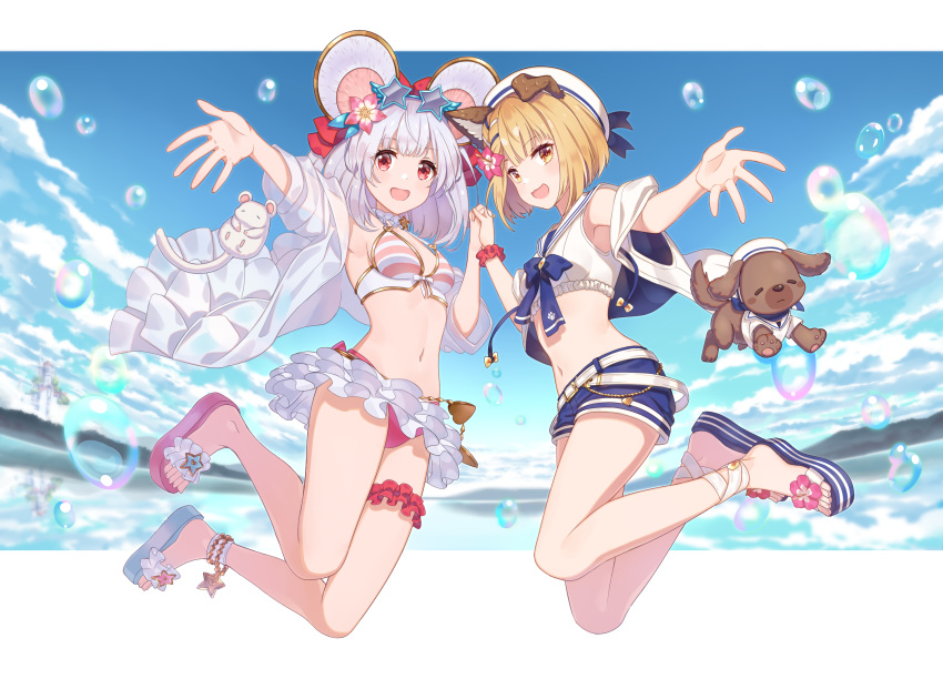 2girls :d animal_ears anklet arm_up bangs bare_legs belt bikini blonde_hair blue_footwear blue_neckwear blue_shorts blue_sky blurry blurry_background blush bow bowtie breasts castle clouds commentary_request dog dog_ears dot_nose fake_animal_ears flower frilled_bikini frills front-tie_bikini front-tie_top full_body garters gold_trim granblue_fantasy hair_bow hair_flower hair_ornament hat heart_belt highres holding_hands jewelry jiman jumping letterboxed mismatched_footwear mountainous_horizon mouse_ears multiple_belts multiple_girls neckerchief ocean open_clothes open_mouth open_shirt outstretched_arm pink_bikini pink_flower pink_footwear red_bow red_eyes reflection sailor_collar sailor_hat sandals shirt shoe_flower short_hair shorts single_garter sky sleeveless small_breasts smile star-shaped_eyewear star_(symbol) striped striped_bikini sunglasses swimsuit tinted_eyewear vajra_(granblue_fantasy) vikala_(granblue_fantasy) water_drop white_belt white_bikini white_hair white_sailor_collar white_shirt