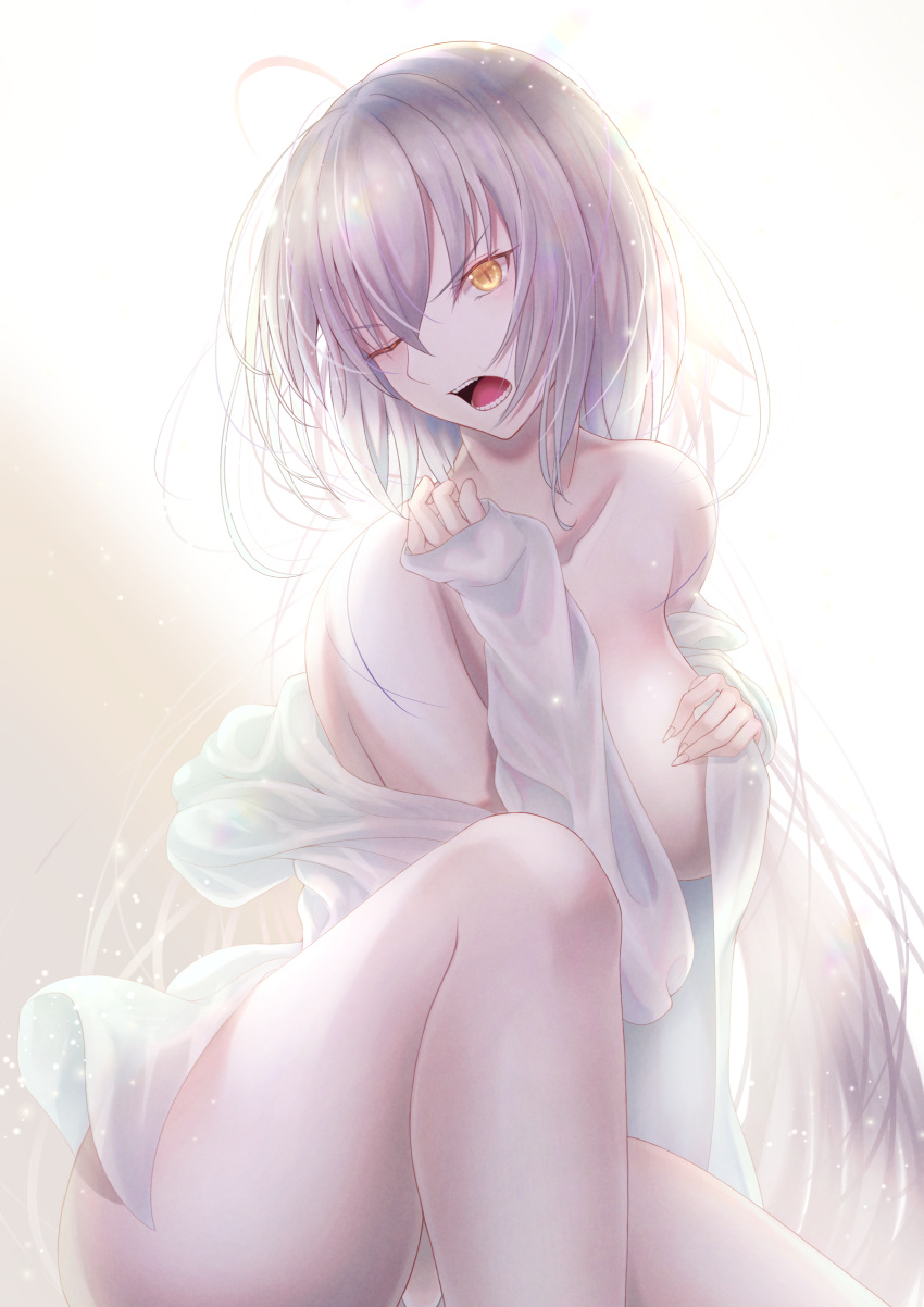 1girl absurdres alternate_costume backlighting breasts dress_shirt fate/grand_order fate_(series) fingernails grey_hair hair_between_eyes highres jeanne_d'arc_(alter)_(fate) jeanne_d'arc_(fate)_(all) large_breasts long_fingernails long_hair off_shoulder one_eye_closed open_clothes open_mouth penguintake shirt slit_pupils solo thighs tongue white_shirt yellow_eyes