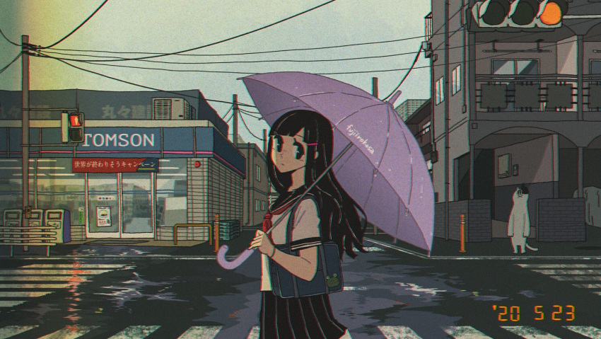 1girl :x automatic_door awakumo bag bangs black_eyes black_hair black_sailor_collar black_skirt blunt_bangs building cat chromatic_aberration closed_mouth commentary_request convenience_store crosswalk dated from_side hair_ornament hairclip hand_up holding holding_umbrella long_hair looking_at_viewer neckerchief original outdoors pleated_skirt power_lines puddle purple_umbrella red_neckwear road sailor_collar school_bag school_uniform serafuku shop short_sleeves sideways_glance skirt sliding_doors solo street traffic_light translation_request umbrella utility_pole wet_ground white_cat window wristband